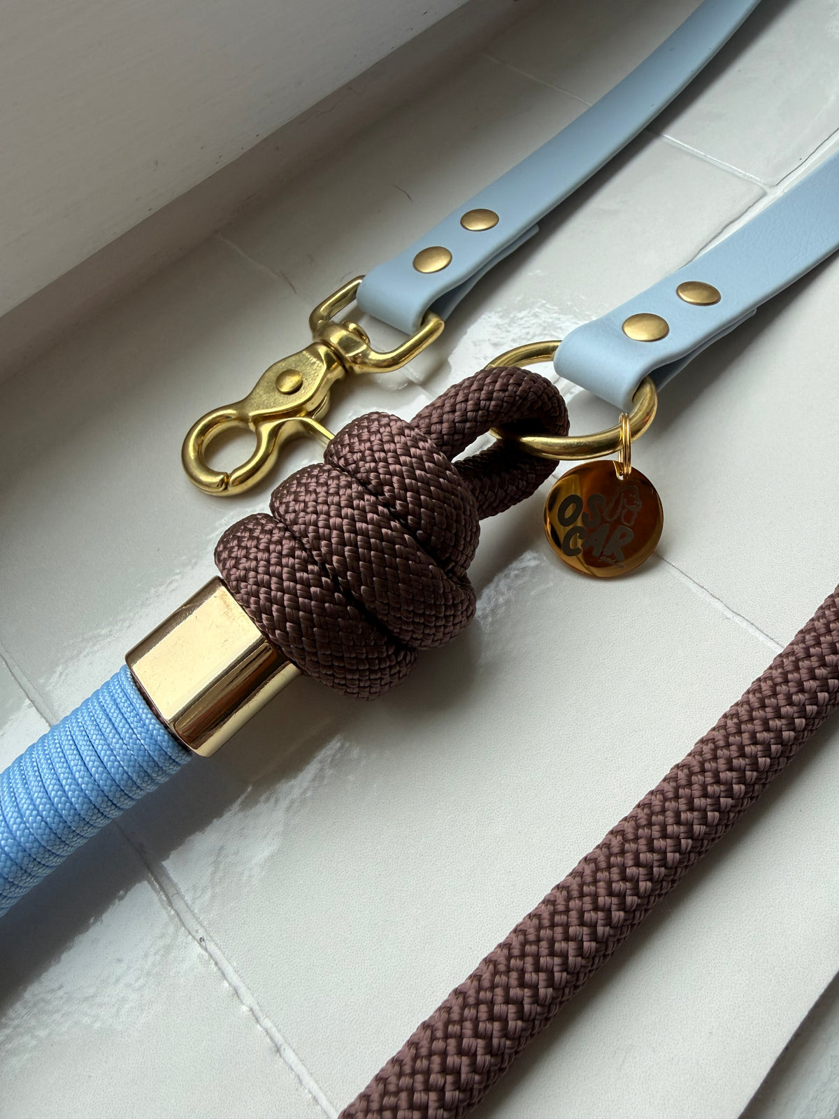 Laisse multi-positions bleu pastel x marron tonka