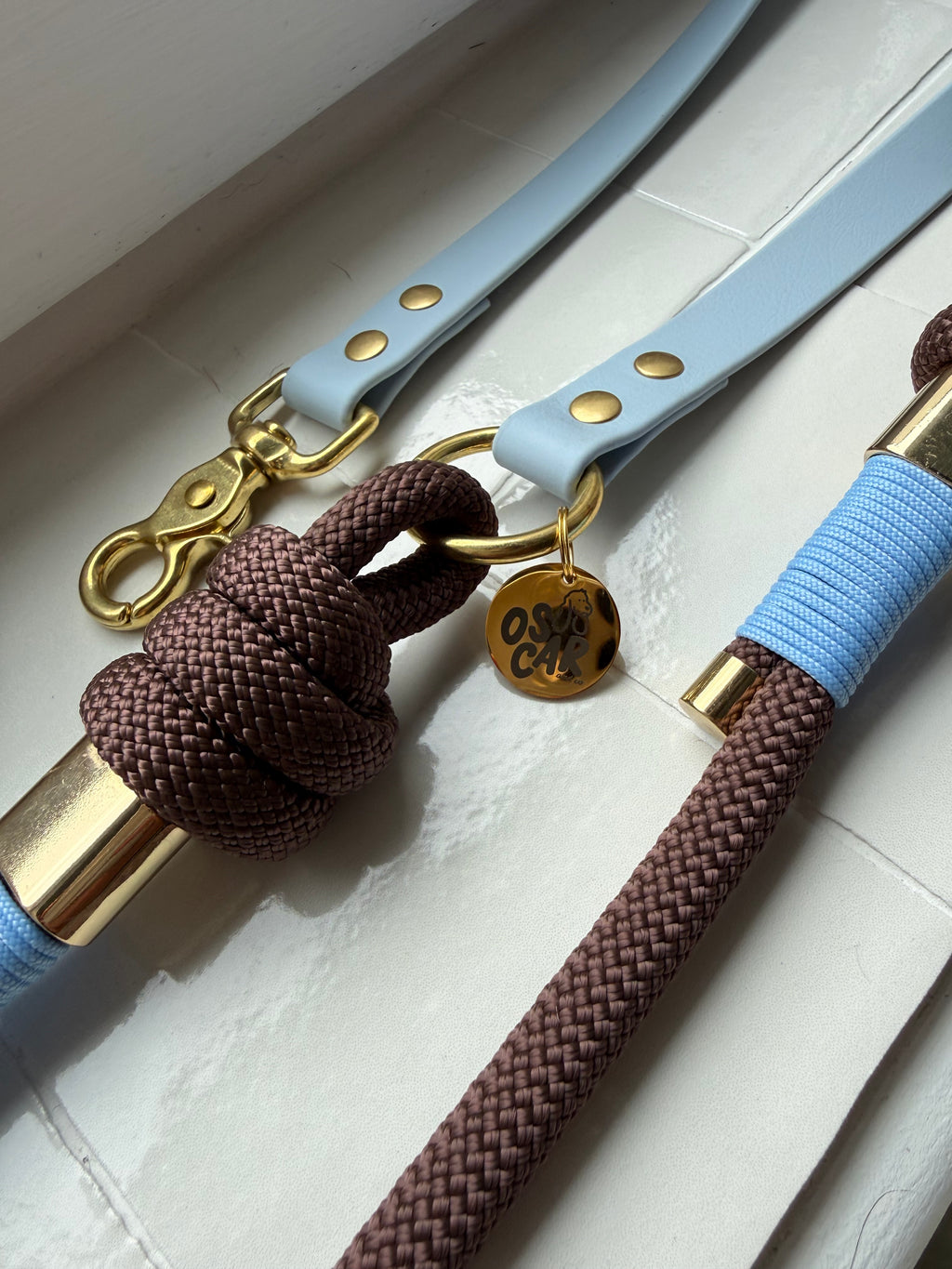 Laisse multi-positions bleu pastel x marron tonka