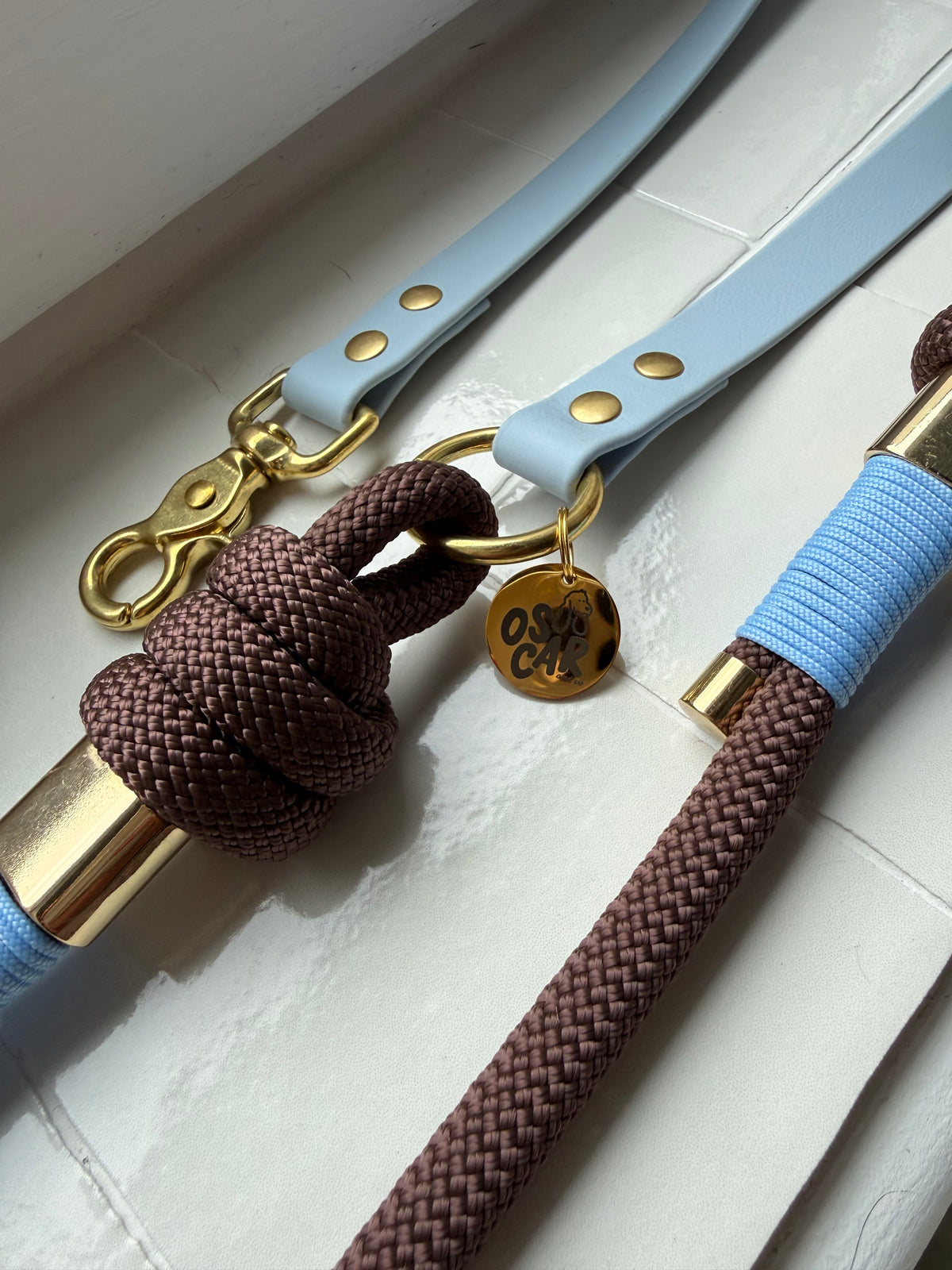 Laisse multi-positions bleu pastel x marron tonka