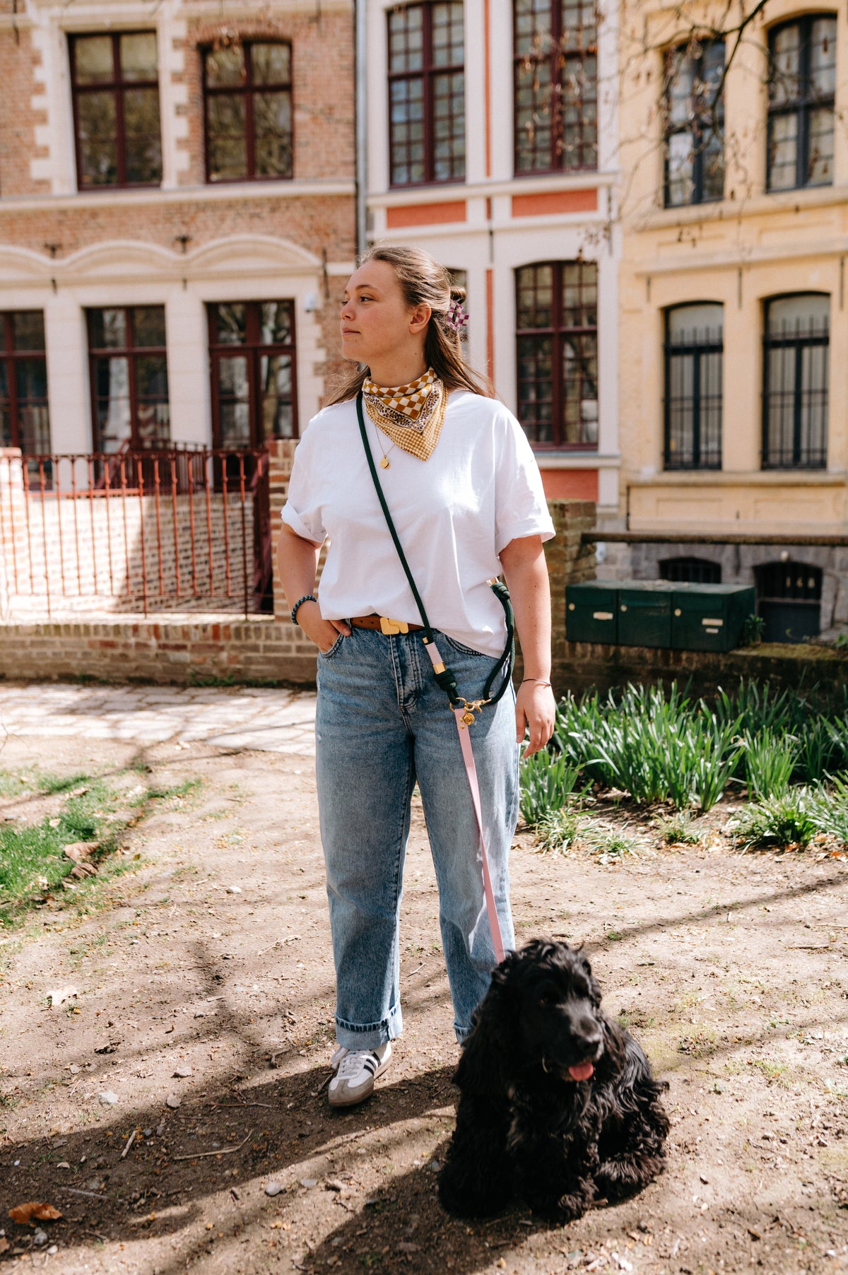 Laisse multi-positions émeraude x baby rose